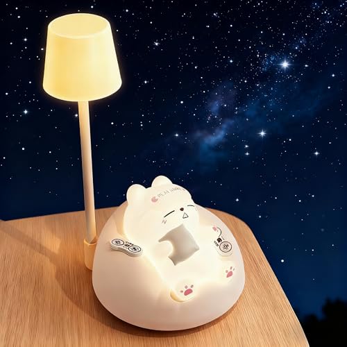 YGVQN Veilleuse pour Enfant, Veilleuse Bébé Chat Mignon, 3 Modes d'Éclairage & Rotation 360°, Lampe Animale USB Rechargeable pour Chambre, Lampe Enfant Adjustable avec Lumière Chaude