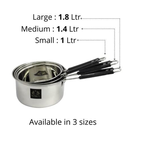 Image of NYRA Stainless Steel Induction Base Flat Bottom Sauce Pan with Lid - Available in 3 Sizes (Large - 1.8 LTR)