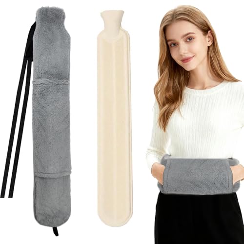 NICEWAT Bolsa de agua caliente larga con funda mullida, 72 cm, con calentador de manos, botella de agua caliente larga con cierre para atar el cuello y los hombros, botella de cama lavable para