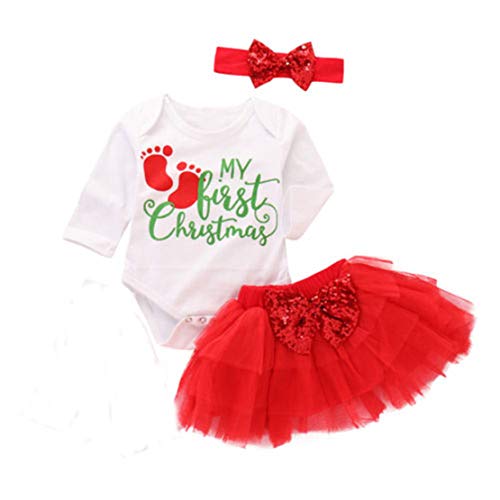 3Pcs Baby Girl Christmas Outfit Set My First Christmas Romper Skirt Tutu Dress Headband (Long Sleeve, 0-3M)