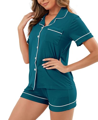Image of Womens Pajamas Set Short Sleeve Sleepwear Button Down Pjs Shorts Set Soft Pjs Lounge Set With Pockets