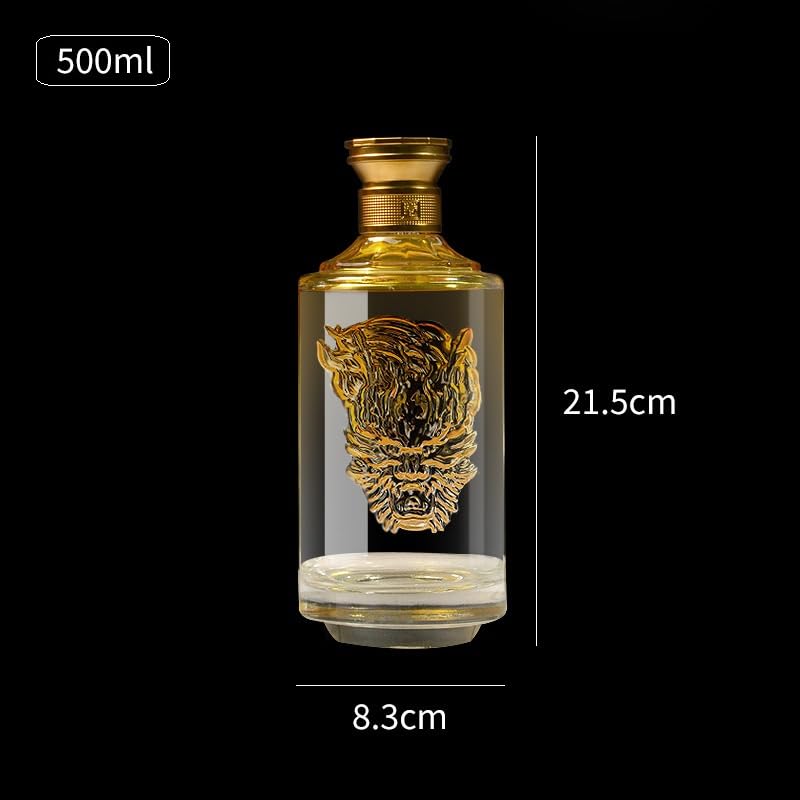 2-pak 500 ml tłoczonej szklanej butelki na alkohol z wizerunkiem tygrysa - szczelna karafka ze złotą zakrętką | Projekt 3D z reliefem, szczelna pokrywa