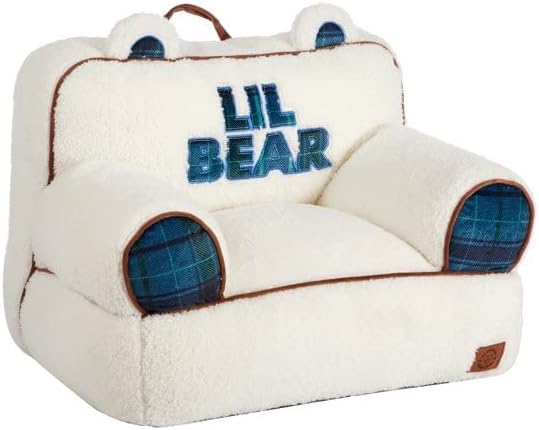 Dearfoams White and Navy Lil Bear - Puf de felpa Sherpa con orejas novedosas, tamaño grande