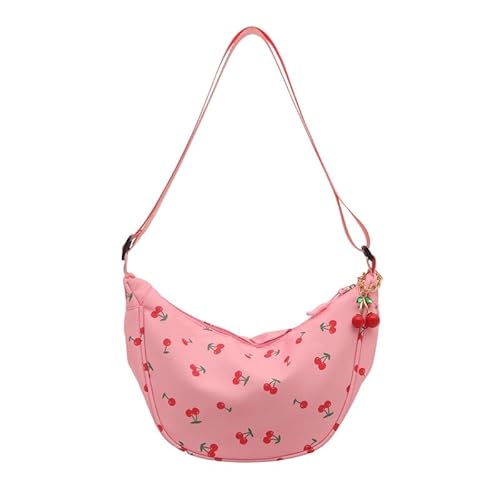 Crossbody Bag Kirschen-Print Damen Umhängetasche,Nylon Tasche Casual Schultertasche Moon Bag Halbmond Tasche mit verstellbarer Schultergurt,Stylische Handtasche für Arbeit,Reisen,Alltag-Rosa