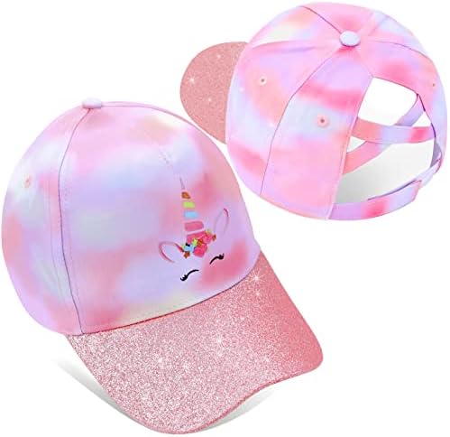 Girls Glitter Baseball Cap Criss Cross Ponytail Hat Adjustable High Messy Bun Ponycap Kids Trucker Hat