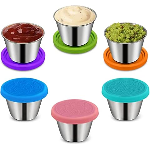6Pcs Sauce Containers with Lids Stainless Steel Condiment Cup Leak-Proof Mini Small Container Easy Open 50ml for Lunch Box Picnic Travel Work(A) Cover