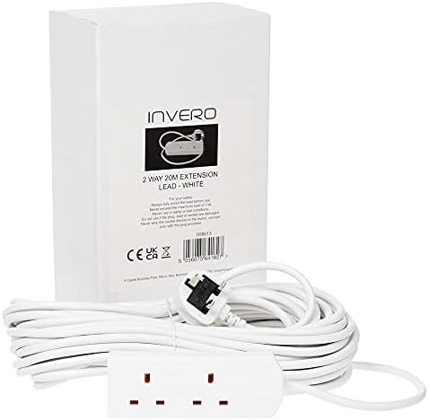 Invero® 2 Way Gang Double Socket Power Mains Extension Lead 20M Metre Cable British Approved 13A Amps - White
