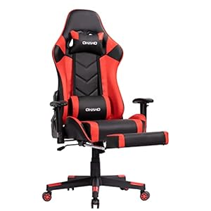 OHAHO Gaming Chair Racing Style Office Chair Adjustable Massage Lumbar Cushion Swivel Rocker Recliner High Back Ergonomic Computer Desk Chair with Retractable Arms and Footrest BlackRed