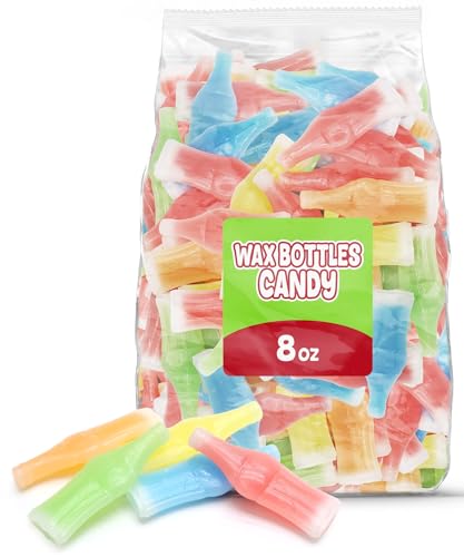 Wax Bottle Candy, 8 OZ Bag (½ LB), Retro Nostalgic Candies with Fruity Liquid Center, TikTok Trend Snack, Assorted Colors and Flavors, Heat Sealed for Freshness, Perfect for Parties and Gifts
