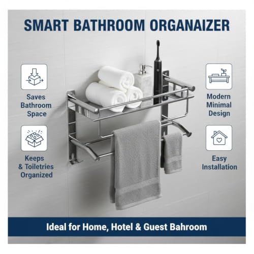 Image of Filox Premium Stainless Steel 1 Tier Bathroom Shelf Organizer | Wall Mount Bathroom Rack with Dual Towel Bar & Integrated Hooks | Multipurpose Kitchen Storage Stand & Towel Holder