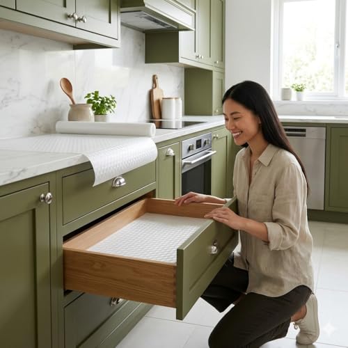 Image of Dribble EVA Shelf Liner Mat 45x500cm Roll, Non Slip Drawer & Cabinet Liner for Kitchen, Waterproof Oilproof Washable Fridge Mat, Anti Skid Cupboard Wardrobe Multipurpose Mat (White)