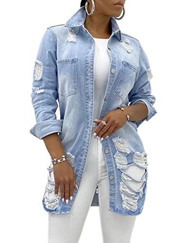 Tanming Women's Casual Lapel Slim Long Sleeve Denim Outercoat Jacket Windbreaker (Lightblue#1, Medium)