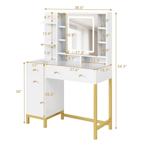 GAOMON 43.7'' White Vanity Desk Table with Lighted Mirror & Power Outlet, 3 Lighting Modes, Brightness Adjustable Vanity Table Makeup Vanity for Bedroom Dressing Room