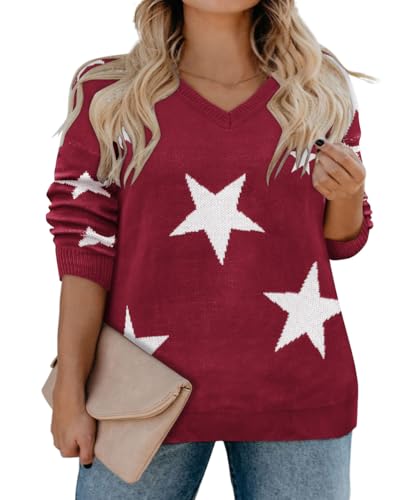 Image of RITERA Womens Plus Size Sweaters Star Long Sleeve Casual Patriotic Pullover Warm Jumper Knit Tops XL-5XL