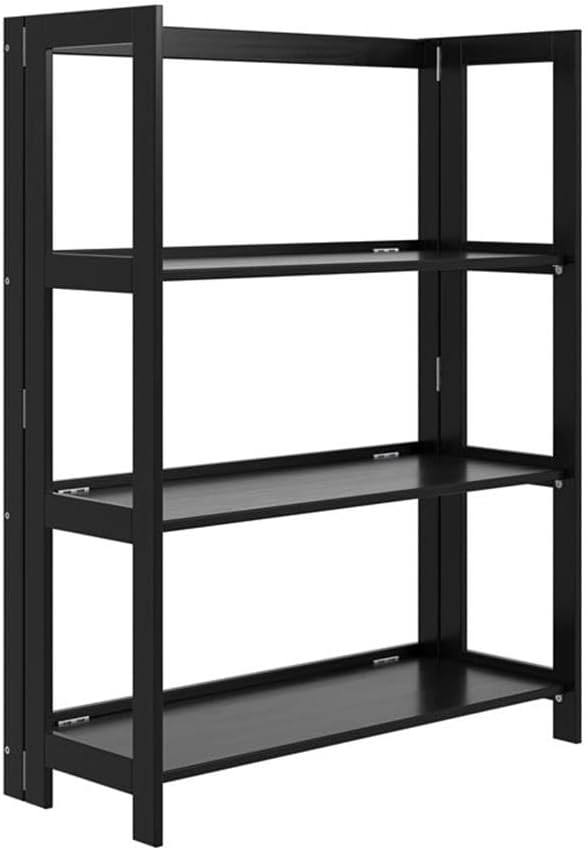 Pemberly Row Modern Solid Wood Folding Bookcase, Black Finish, 3-Shelves, Freestanding Design, Compact Storage Solution for Living Room, Bedroom, Dorm, or Home Office, No Assembly Required