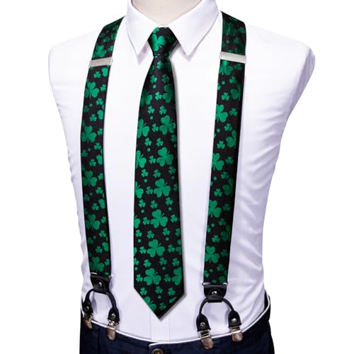 Image of Barry.Wang Men Suspender Set with Necktie Elastic Y Type Heavy Duty 6 Clips Braces Tie Handkerchief Cufflink Pin 6PCS