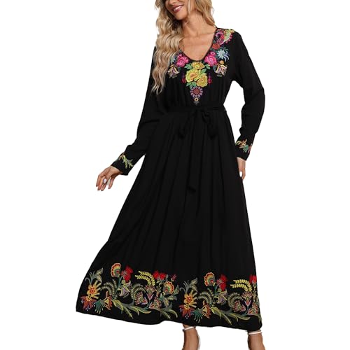 Grosy Women Long Sleeve Embroidered Mexican Dress for Fall Spring Peasant Traditional Floral Boho Smocked Maxi Dresses2