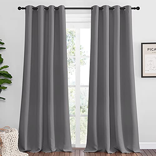 NICETOWN Bedroom Blackout Curtains Panels, 1 Pair, 55 inches by 108 Inch, Grey, Triple Weave Energy Saving Thermal Insulated Solid Grommet Blackout Dr