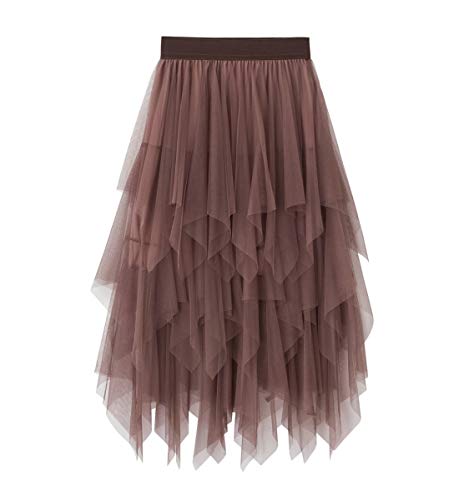 Geagodelia Tüllrock Damen Mädchen Elegant Weich Knielang/Lang Sommerrock Vintage Tütü Rüschen Tüll Rock One Size 36/38/40 F-47737 (Braun)