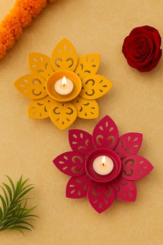 Image of The Purple Tree Set of 2 Pink & Yellow Floral Tealight Candle Holders for Diwali Decoration | Decorative Metal Flower Votives for Home Decor, Festive Lighting & Gifting | Diya Holder for Pooja