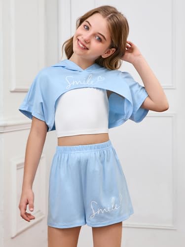 Image of SweatyRocks Girl's 3 Piece Outfits Letter Print Short Sleeve Hooded Tops and Cami Tops with Shorts Set