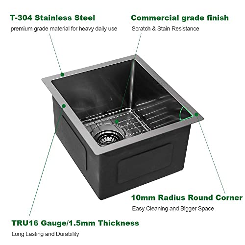 Black Bar Sink - Sarlai 15 X 17 Inch Undermount Wet Bar Prep Sink Stainless Steel 16G Gunmetal Black Nano Brushed Single Bowl Round Corner Kitchen Sink #TOP3