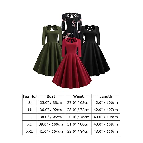 Womens 50 Retro Vintage Square Neck Dress 3/4 Sleeve Cutout Back Rockabilly Swing Cocktail Prom Dress Black Floral Xxl #TOP6