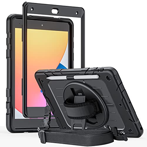 Herize iPad 9./8./7. Generation Hülle mit Displayschutz, Stifthalter, iPad Hülle 10,2 Zoll für Kinder, strapazierfähige, robuste Silikon-Schutzhülle mit Ständer, Handschultergurt für iPad A2602 A2197 Cover