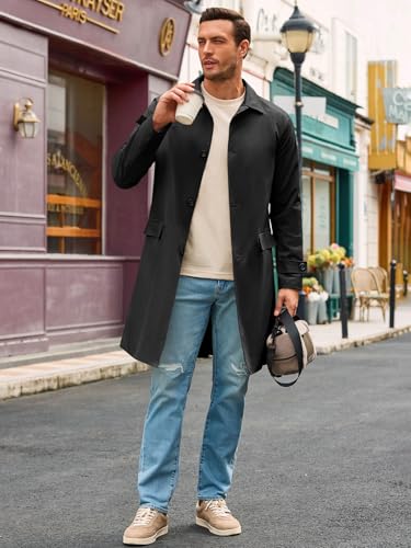 Runcati Mens Trench Coat Slim Fit Single Breasted Long Windbreaker Jacket Classic Lapel Casual Overcoat4