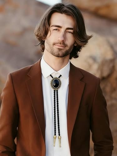 Image of GelConnie Bolo Tie for Men Women Western Cowboy Turquoise Leather Necktie | Natural Stone Bolo Tie Necklace for Women Rodeo Cowboy Leather Necktie Native American Western Cowgirl Ties Adjustable Cord
