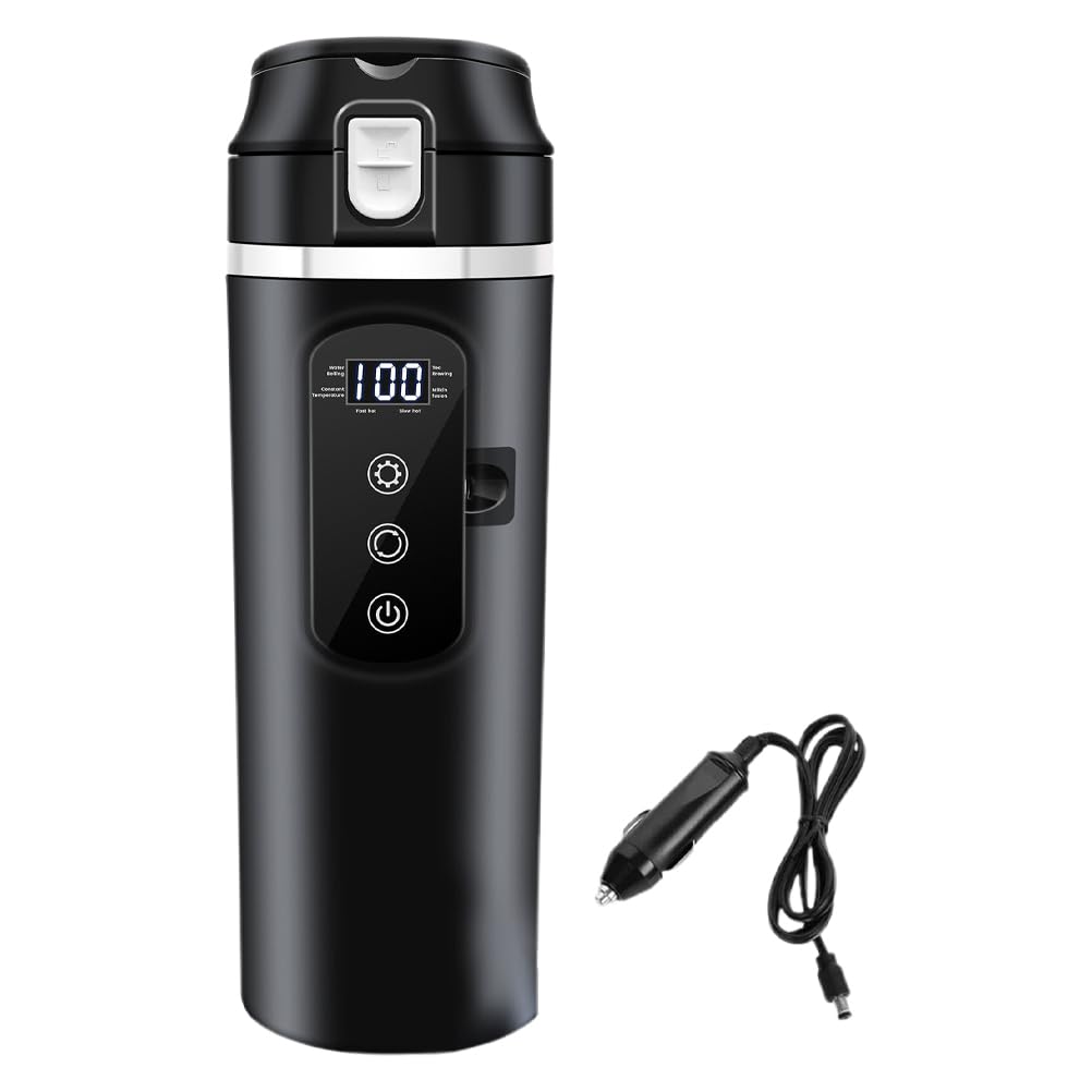Tragbarer Auto Wasserbecher 500ml Schwarz aus Edelstahl mit Digitalanzeige | Kaffee und Heißgetränke, Kompakt und Leicht, Präzise Temperaturregelung, für Reise und Familienurlaub