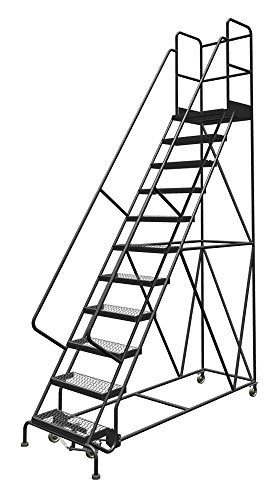 Image of Tri-Arc KDSR111242-D3 11-Step 30 inch Deep Top Steel Rolling Industrial & Warehouse Ladder with Handrails, 24 inch Wide Grip Strut Tread