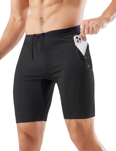 MIZOK Men's Stripe Performance Compression Workout Shorts Tight Gym Athletic Shorts with Pockets