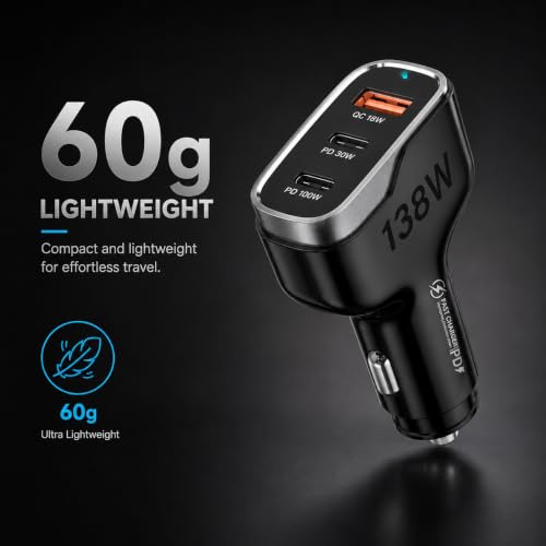 Image of Primate 138W USB C Car Charger, 3-Port Fast Car Charger with 100W PD USB-C & 30W PD Type C + 18W QC3.0 USB-A, Super Fast Car Charger Adapter for MacBook, iPhone 16 /15 /14, Samsung, iPad, Laptop