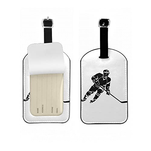 Zoczos Hockey Player Travel Bag Tag Black Cool Sport Game Modern Design PU Leather Name ID Labels with Privacy Cover for Men Women Boys Girls Suitcase, 1 Pack