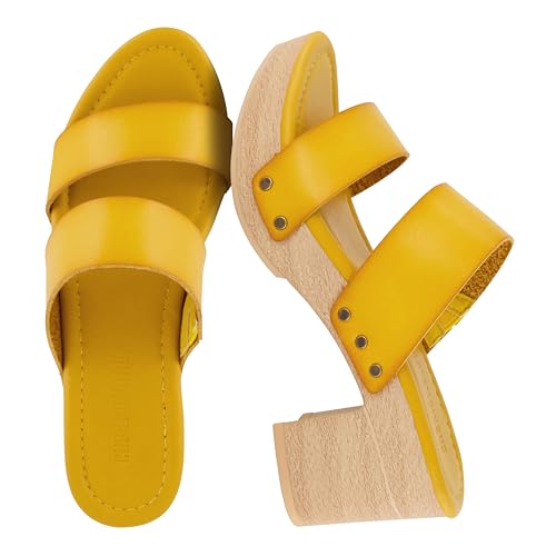 Image of CUSHIONAIRE Sky Platform Sandals for Women, Faux Wood Block Heel Slide with Comfort Foam Footbed and Vegan Leather Straps, Wide Width Available