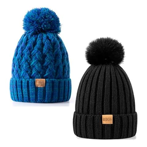 PAGE ONE Womens Winter Knitted Beanie Hat Warm Fleece Lined with Pompom Cap Thick Slouchy Snow Knit Skull Ski Cap Cover