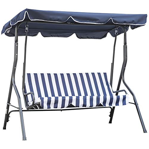 Outsunny 3-Person Patio Porch Swing With Adjustable Canopy For Adults, Steel Frame, Seat & Backrest Cushion, Armrests, Dark Blue & White Striped #TOP12