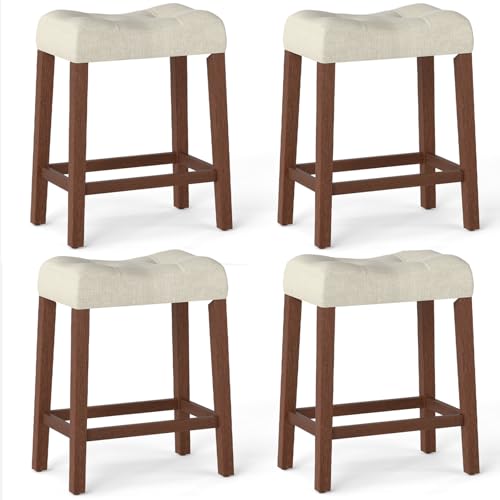 Image of Giantex 24 inch Bar Stools Set of 4, Upholstered Counter Height Saddle Bar Stools with Footrest and Wood Legs, Farmhouse Button Tufted Backless Barstools for Kitchen Island, Dining Room, Cafe, Beige+Brown