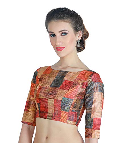 Boat Neck Readymade Stitched Printed Saree Blouse Poly Silk Fabric Indian Sari Choli Tunic Wedding Top Women (x Large-38)
