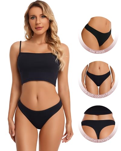ANZERMIX Damen Atmungsaktive Thong Baumwolle String Unterwäsche 6er Pack (Black-6PK, M)
