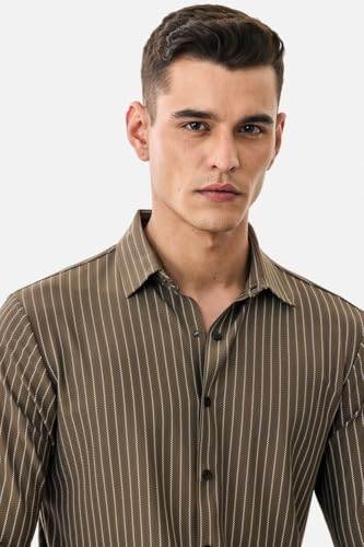 Image of SNITCH Men Casual Plus Size Shirt | Regular Fit Full Sleeve Mandarin Collar Striped Design | Premium Cotton Linen Blend & Breathable Fabric for Office & Everyday Wear