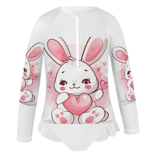 Kawaii Valentine Bunny Holding Heart Girls Long Sleeve Swimsuit Rashguard Swimwear One Piece Bathing Suit 212191354