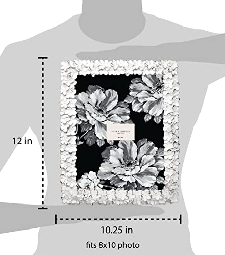 Image of Laura Ashley 8x10 White & SIlver Flower Textured Hand-Crafted Resin Picture Frame w /Easel & Hook for Tabletop & Wall Display, Decorative Floral Design Home Decor, Art (8x10, White /Silver)