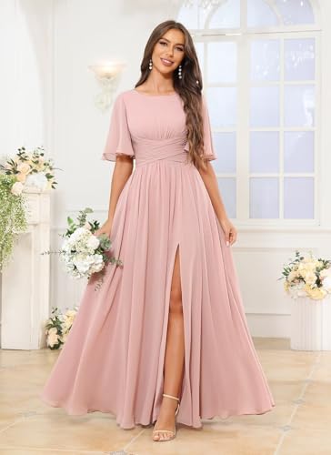 Bridesmaid Dresses with Pockets Slit Chiffon Long Ruffles A Line Scoop Neck Formal Wedding Guest Dress4
