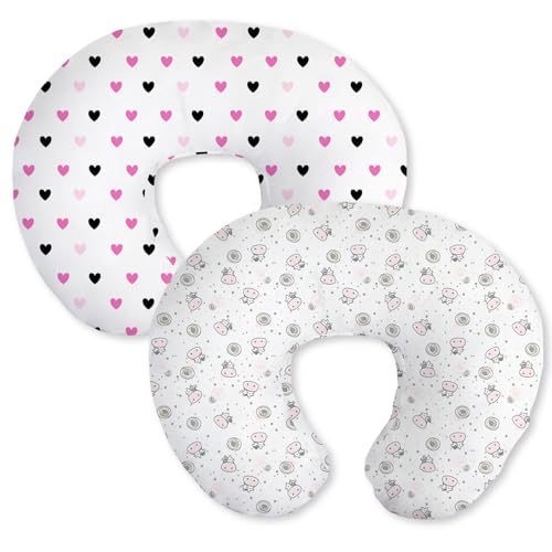 Image of Little Grape Land Cotton Nursing Pillow Covers 2 Pack, Soft & Breathable Removable Breastfeeding Pillows Covers for Feeding Pillows, Nursing Pillow Slipcover for Baby Girls Boys, (Hearts & Cow)