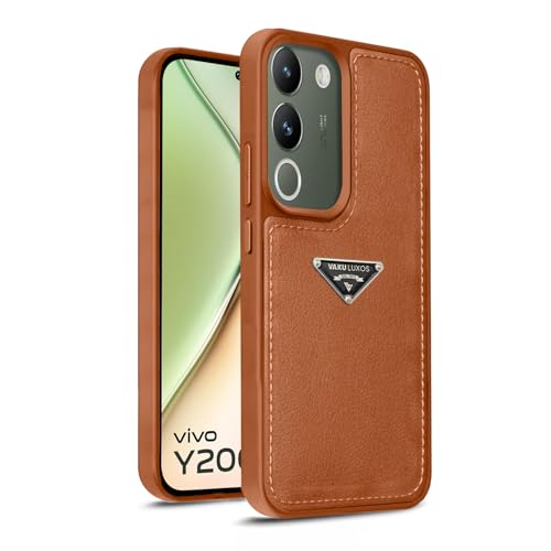 Image of Vaku Luxos Nyxen Back Cover Case for Vivo Y200 5G Premium Leather Stitched Soft Shockproof Protective TPU Phone Case Camera Screen Protector- Brown