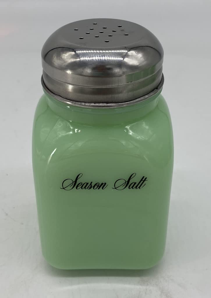 Spice Jar - Square Stove Top Shaker - Rosso Exclusive - Jadeite w/Script Letters - American Made - Mosser Glass USA (Season Salt)