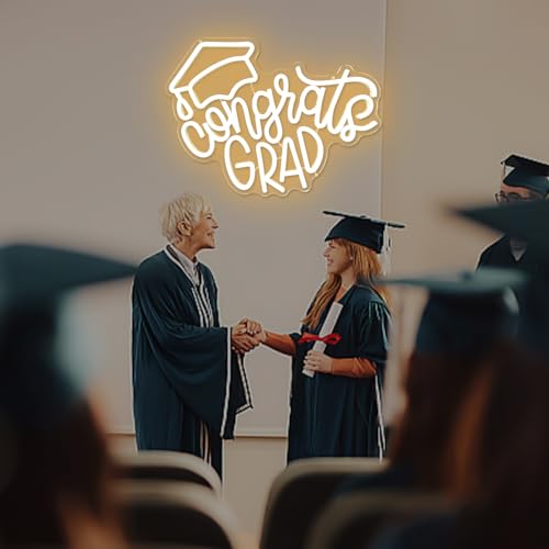 Image of Congrats Grad Neon Sign Graduation Cap Neon Led Sign Dimmable Congrats Neon Sign for Wall Decor Graduation Party Neon Light Sign for Class Room Party Room Dorm Backdrop Celebration Gifts