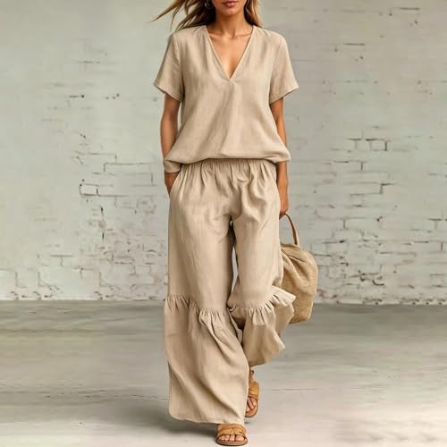 Ensemble deux pièces décontracté haut uni et pantalon ample fluide